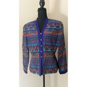 Vintage Adrianna Papell 100% Silk Blazer Jacket Purple Paisley Button Up Career